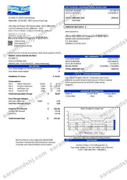 USA California Monte Vista Water District utility bill template in Word and PDF format